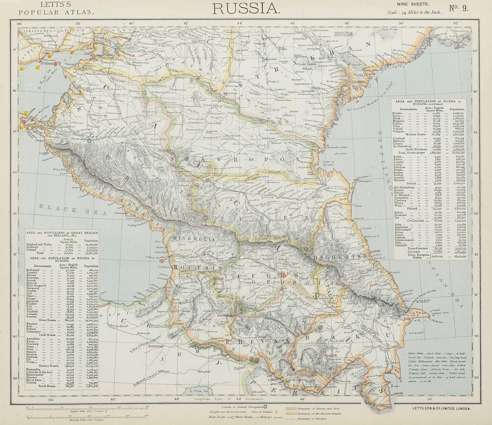 CAUCASUS. Russia Circassia Astrakhan Georgia Azerbaijan Armenia. LETTS 1884 map
